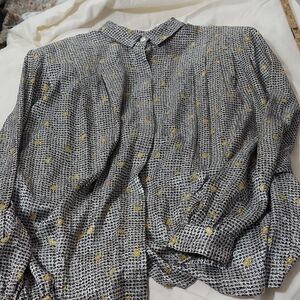 Evan-Picone Black and Yellow Pleated Patterned Shirt Paisley Poly Sz 14